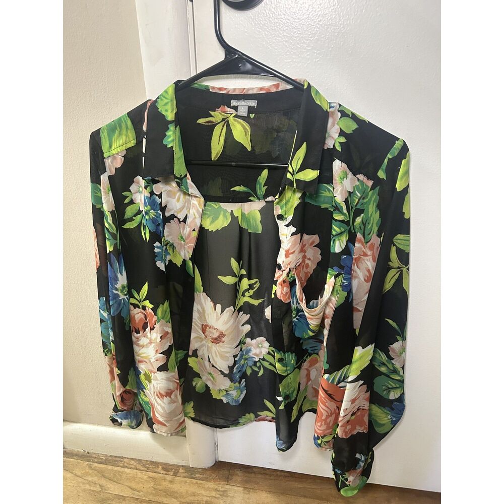 Charlotte Russe Floral Tropical Sheer Button Down Blouse Black Size Large